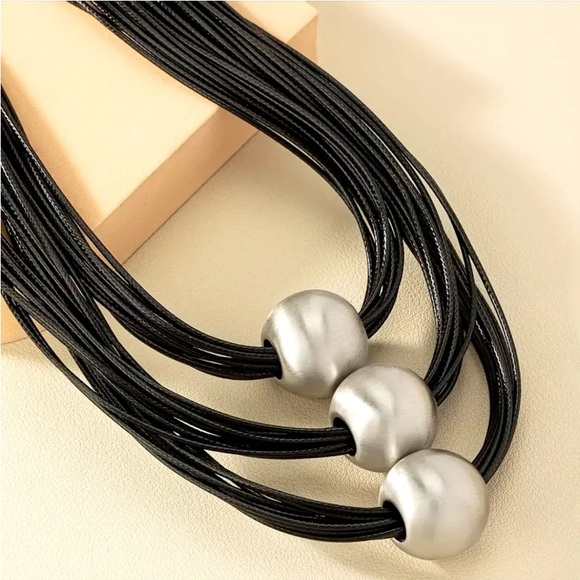 Multilayer Silver Black Ball Statement Necklace - Picture 7 of 9